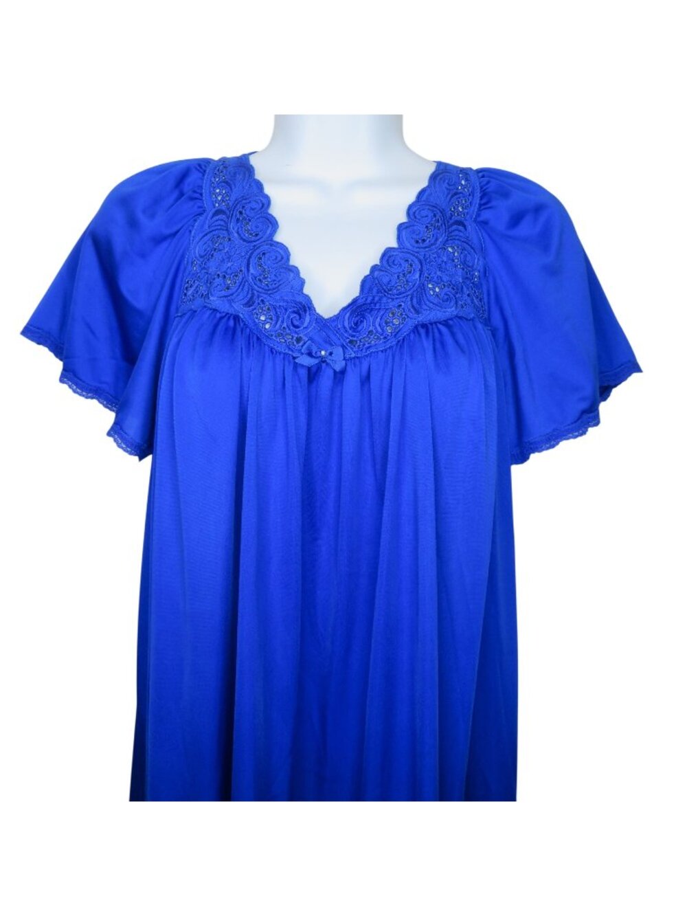 Vintage Shadowline Womens Blue Nylon Nightgown Lace V-Neck Flutter Sleeves Small